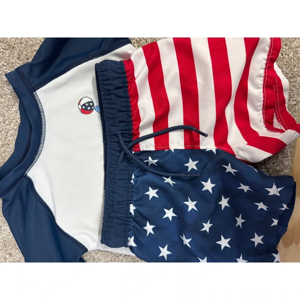 Old Navy Baby Boy Shark American Flag Rash Guard and Swim Trunks Set 6-12M